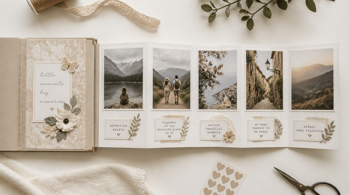 accordion fold scrapbook layout with travel photos, decorative journaling cards, floral embellishments, and interactive panels extending from a handmade album page spread