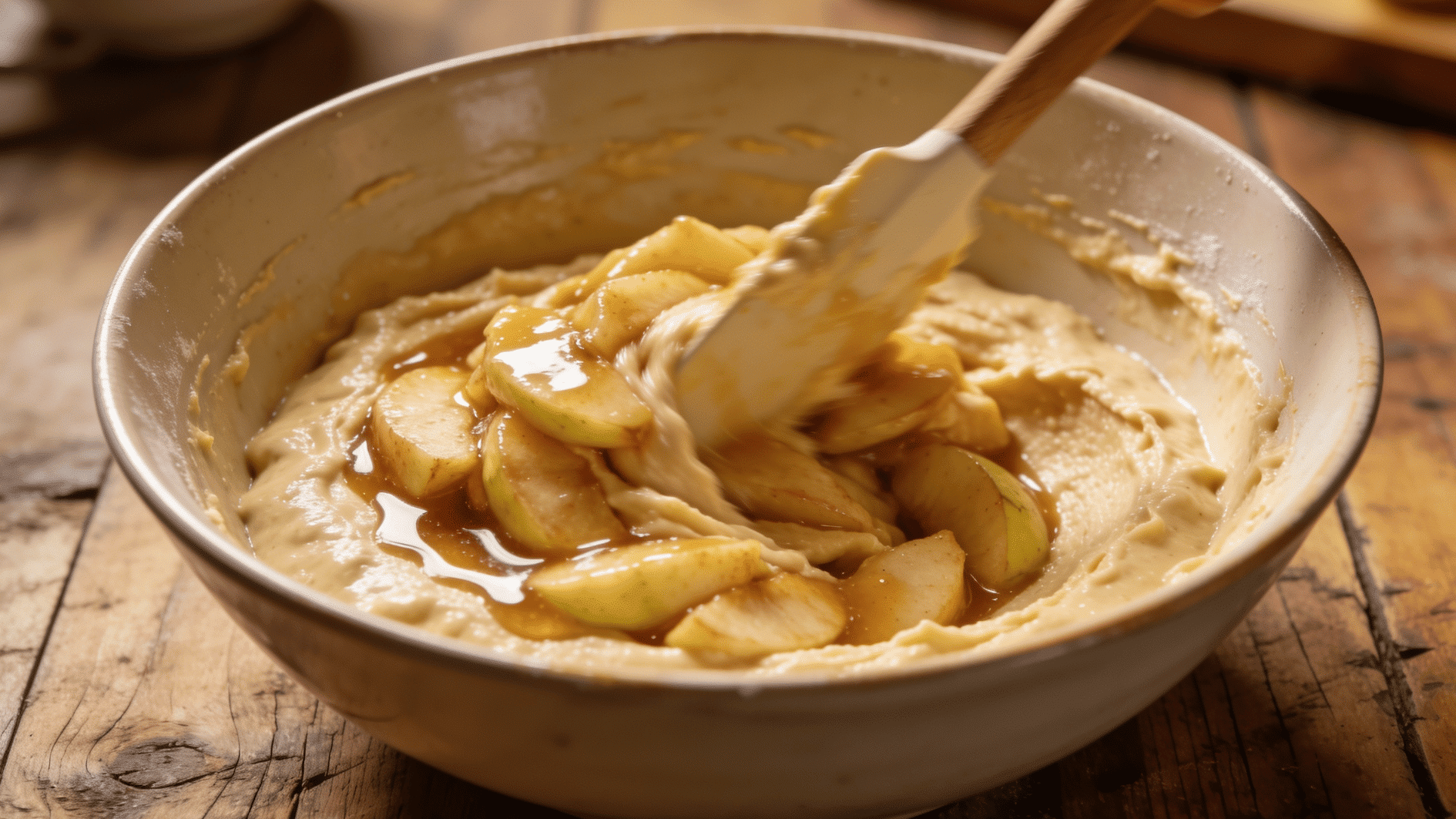 adding the apple pie filling to the cake batter