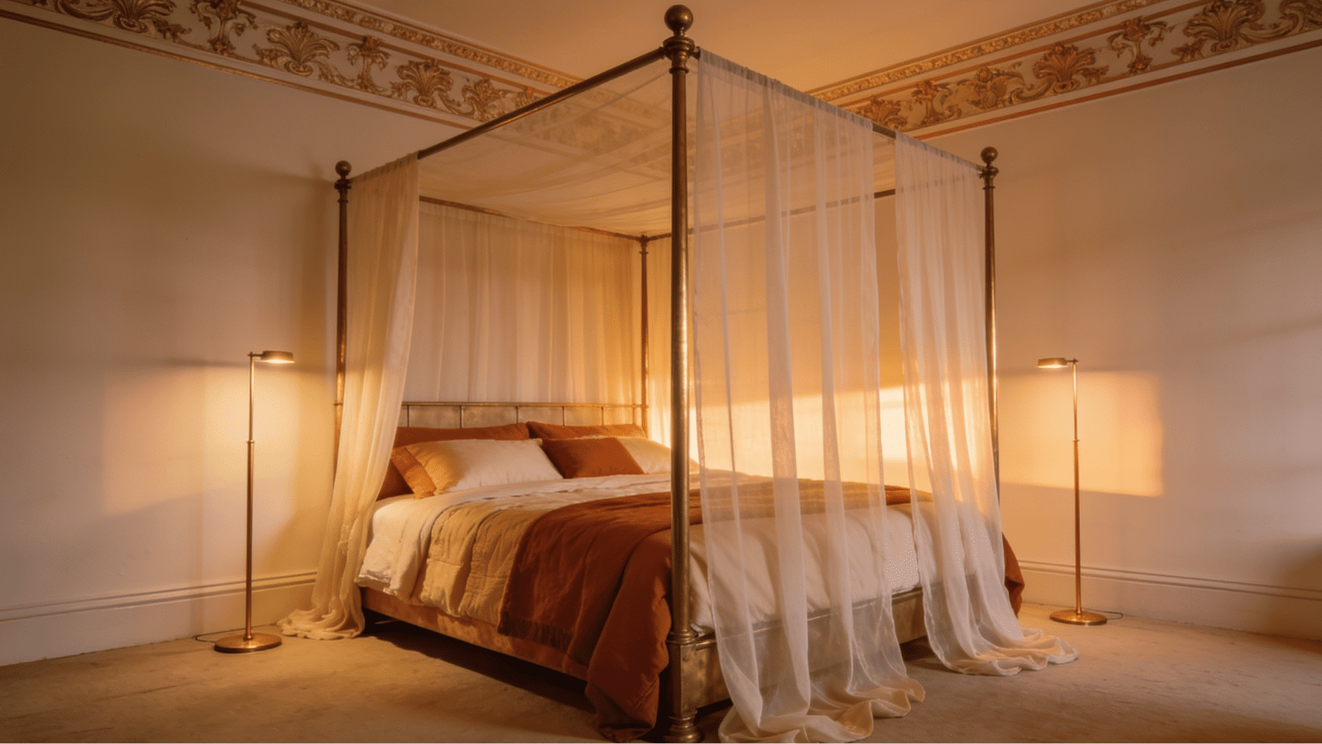 aged brass four poster canopy bed with sheer ivory draping in master bedroom with high ornate ceilings