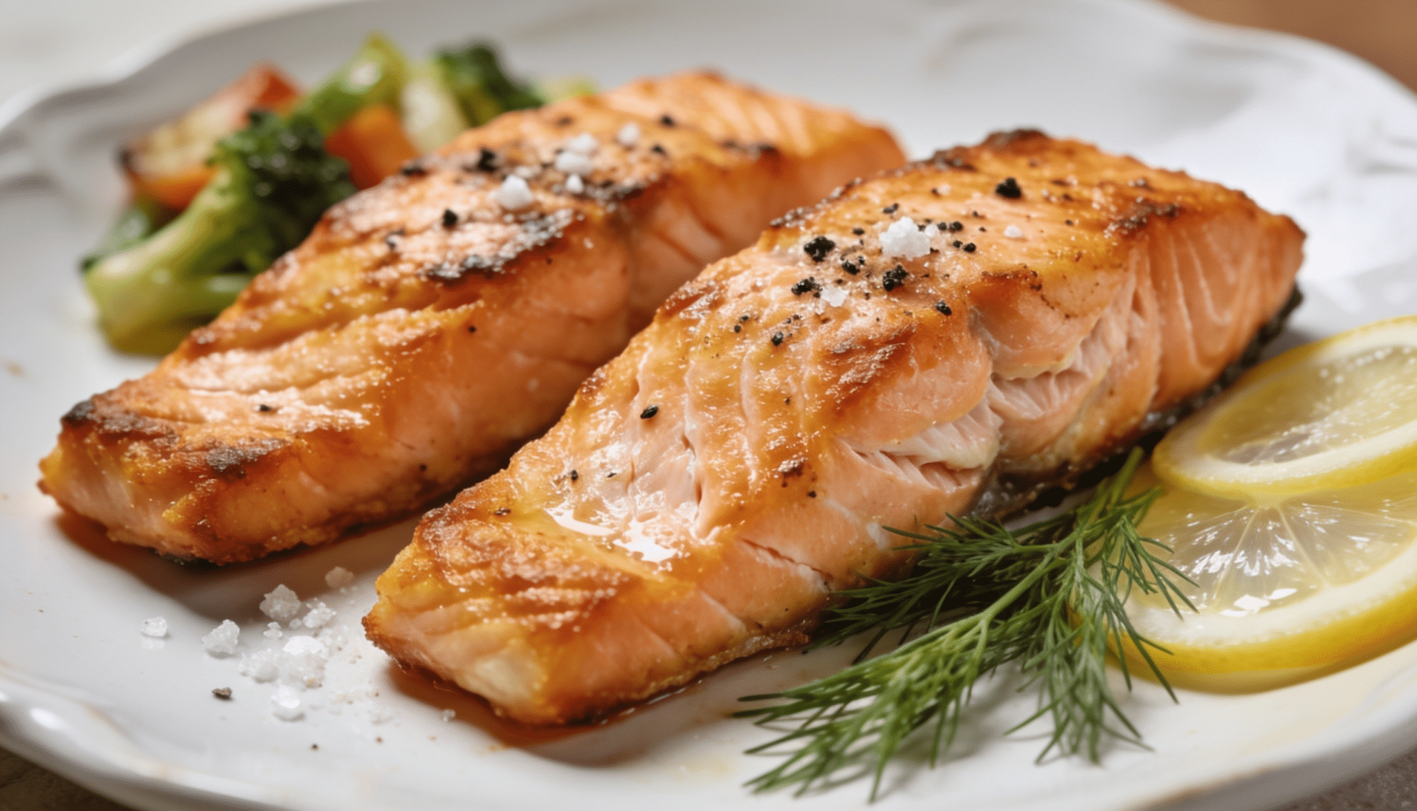 air fryer salmon fillets seasoned with salt and pepper, served with lemon slices, fresh dill, and roasted vegetables on a white plate