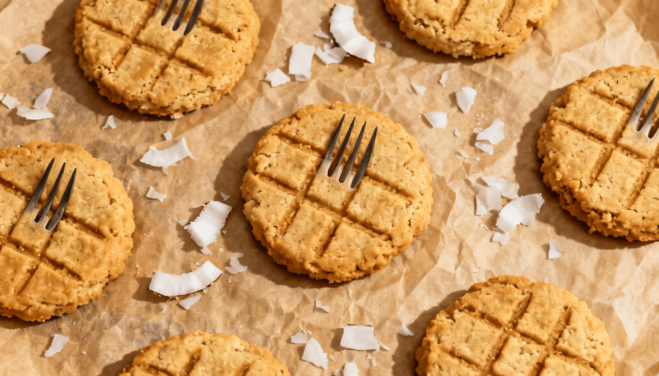 almond butter coconut flour cookies with fork markings on parchment paper surrounded by coconut flakes and crumbs