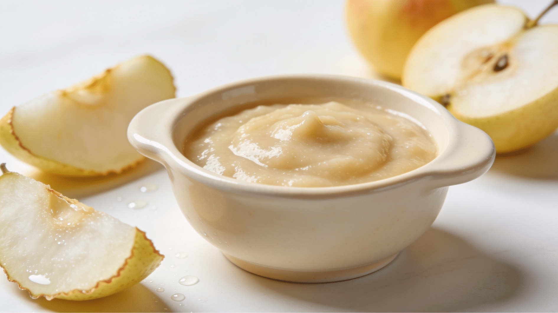 apple and pear puree in a small bowl with fresh fruit slices beside it on a table