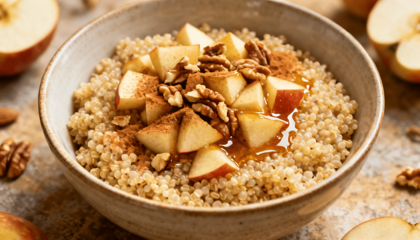 apple cinnamon quinoa breakfast bowl topped with diced apples walnuts cinnamon and maple syrup in a ceramic bowl on table