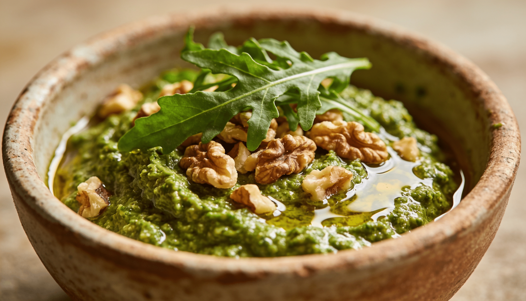 arugula walnut pesto in rustic ceramic bowl topped with walnuts, fresh arugula leaves, and olive oil drizzle on background