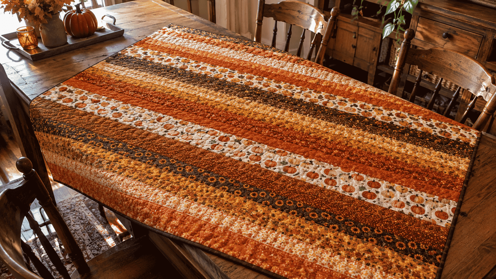 autumn seasonal jelly roll race quilt with pumpkin and leaf prints on a rustic wooden table