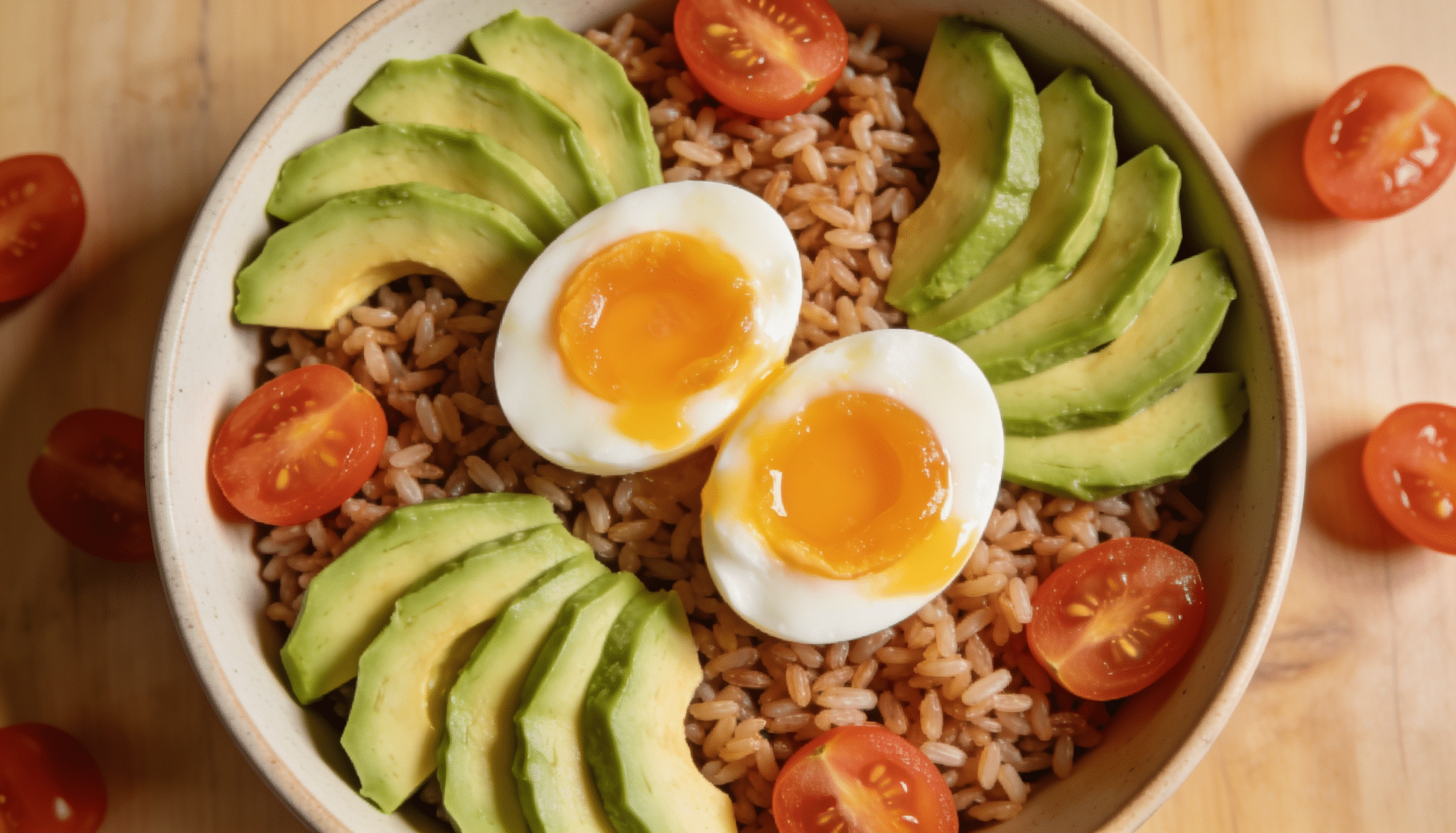 avocado egg breakfast bowl with brown rice sliced avocado soft boiled eggs and cherry tomatoes in a ceramic bowl on wood table
