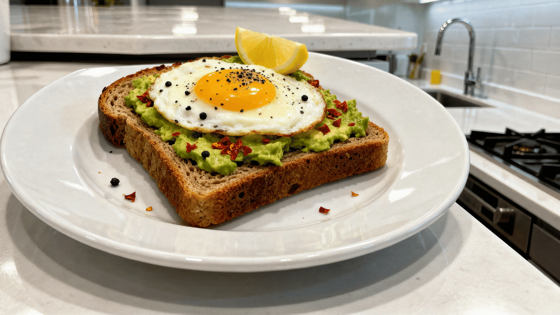 avocado toast with eggs, lemon, black pepper, and chili flakes on a white plate