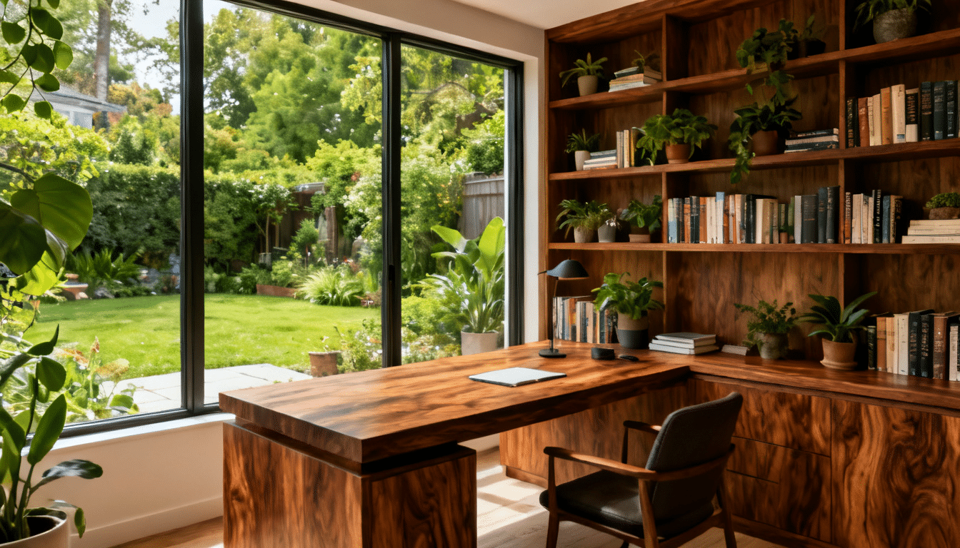 backyard-facing home office with custom wood desk, built-in bookshelves, large window, and garden views