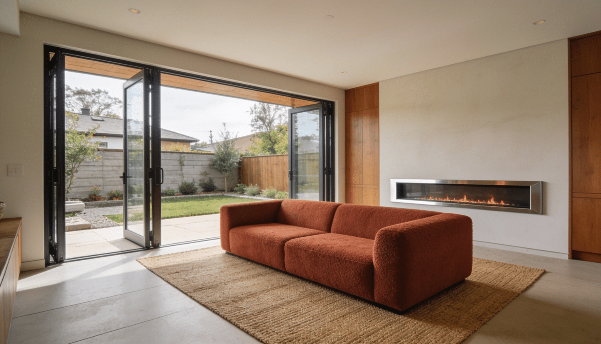 backyard lounge room addition with folding glass doors, modern fireplace, cozy seating, and seamless indoor-outdoor living space