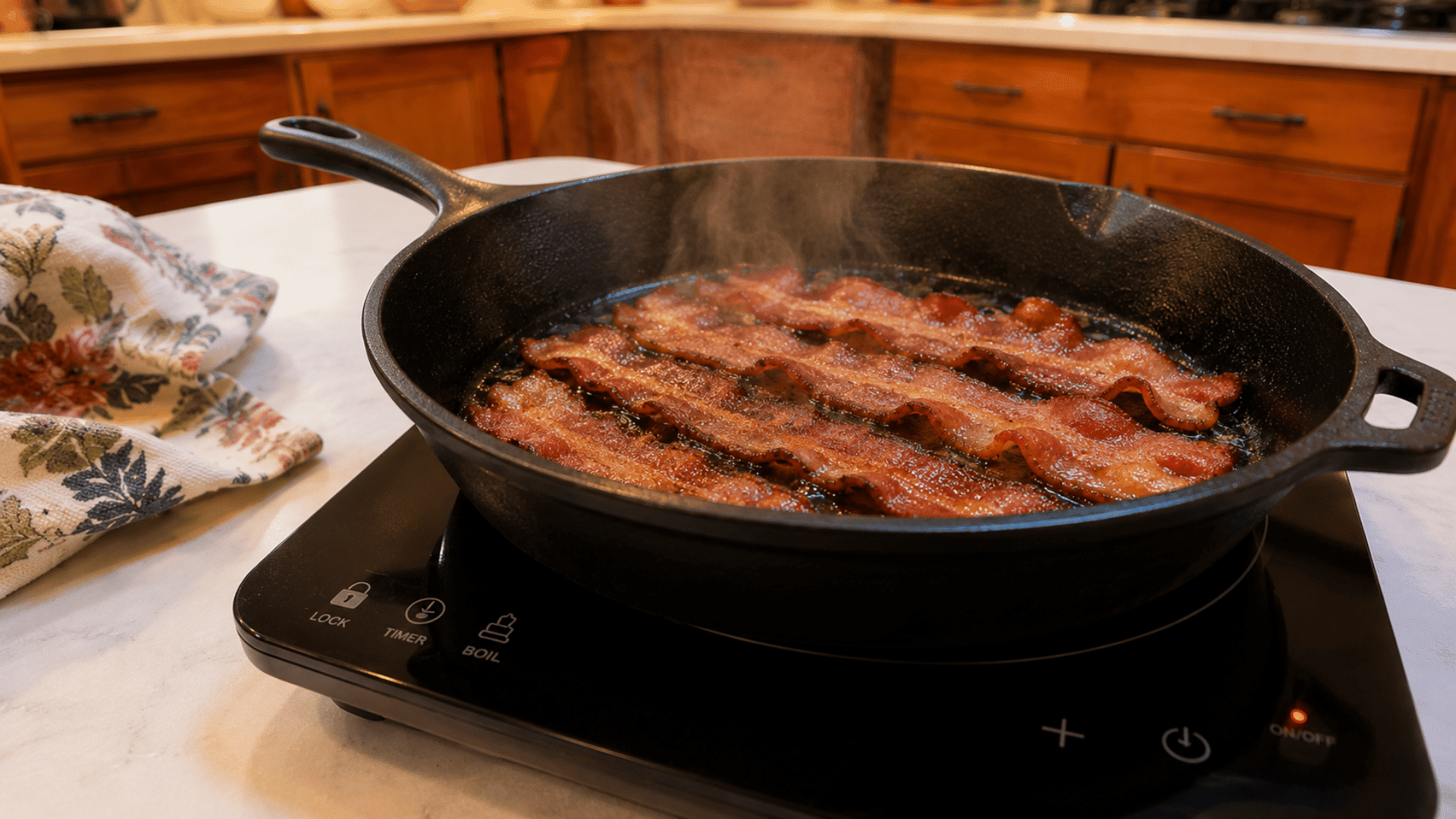 bacon strips sizzling in a cast iron skillet on a portable induction cooktop