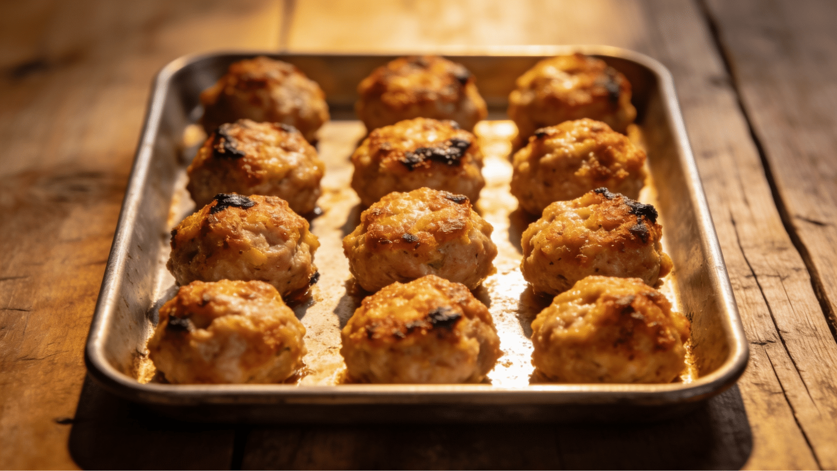 baked ground turkey meatballs on a sheet pan golden brown