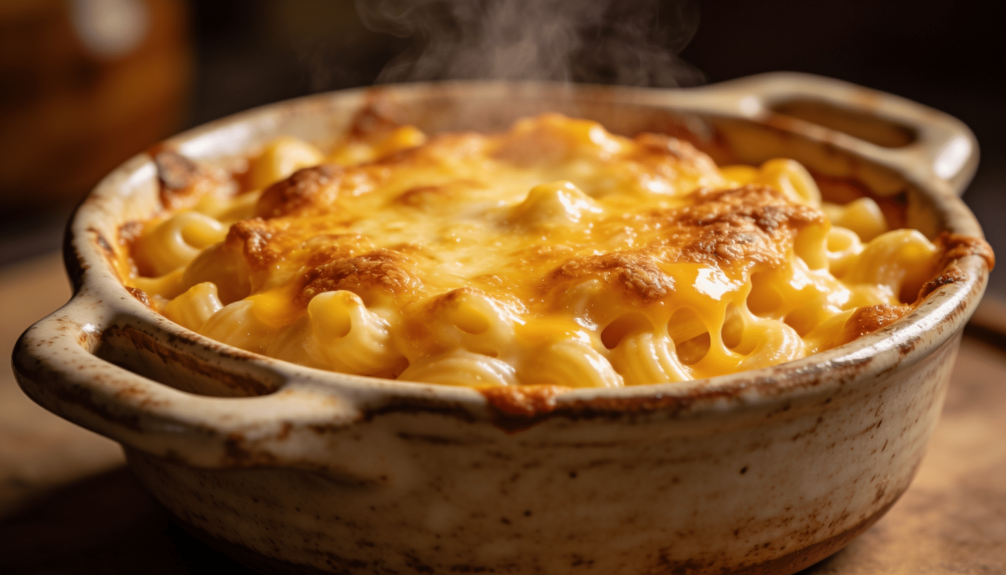 baked mac and cheese in a casserole dish with a golden cheese topping and steaming pasta underneath