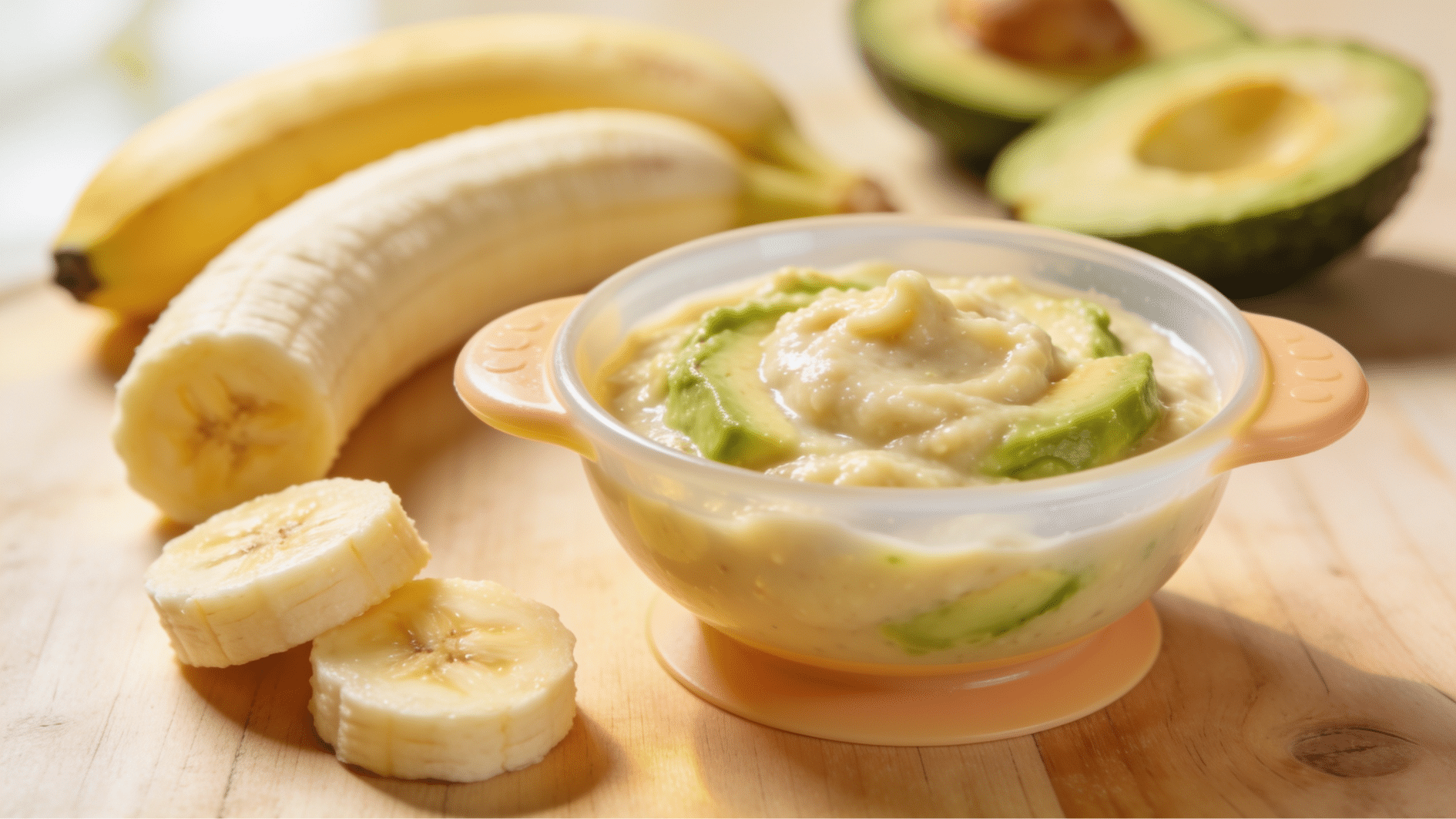 banana and avocado mash in a baby bowl with fresh avocado and banana slices nearby
