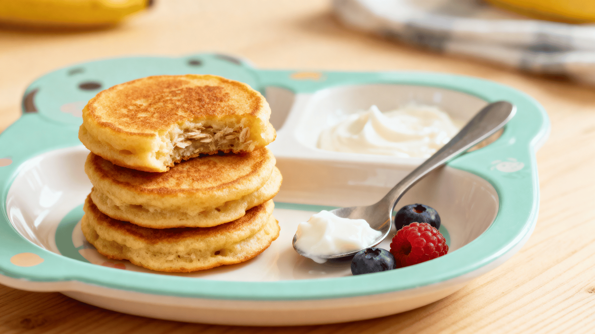 banana oat pancake minis with yogurt and berries on a toddler plate