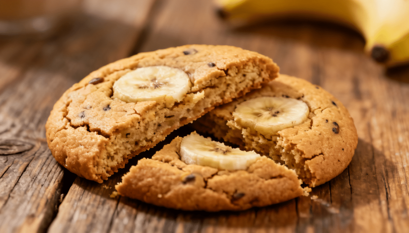 banana peanut butter cookies with banana slices baked on top, arranged on a rustic wooden table with a cookie broken open in front