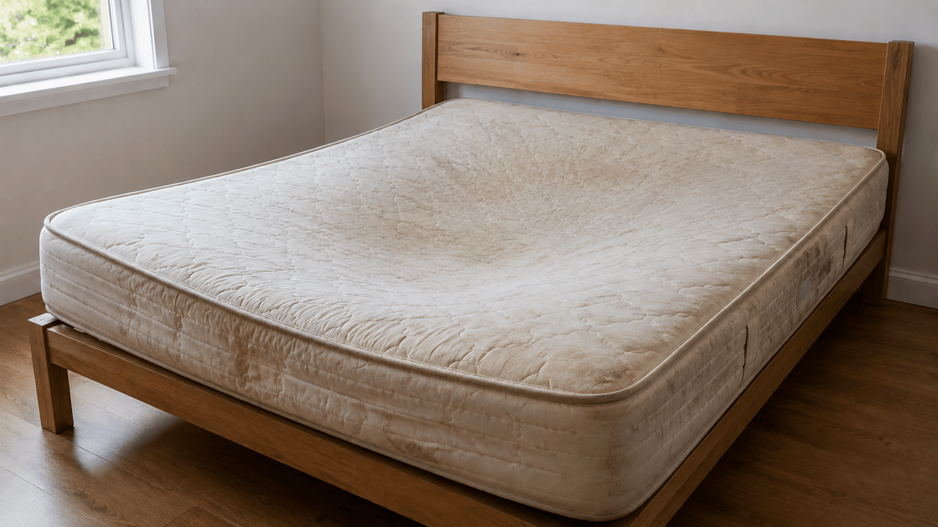 bare worn mattress on a wooden bed frame showing a subtle center sag and signs of age
