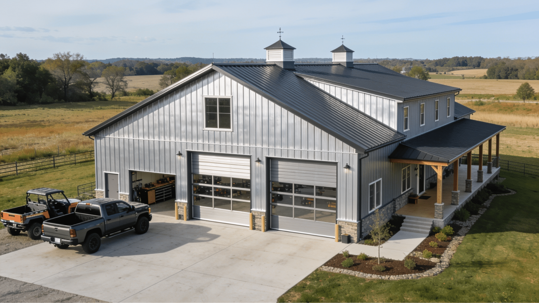barndominium with attached workshop large garage doors and spacious residential wing