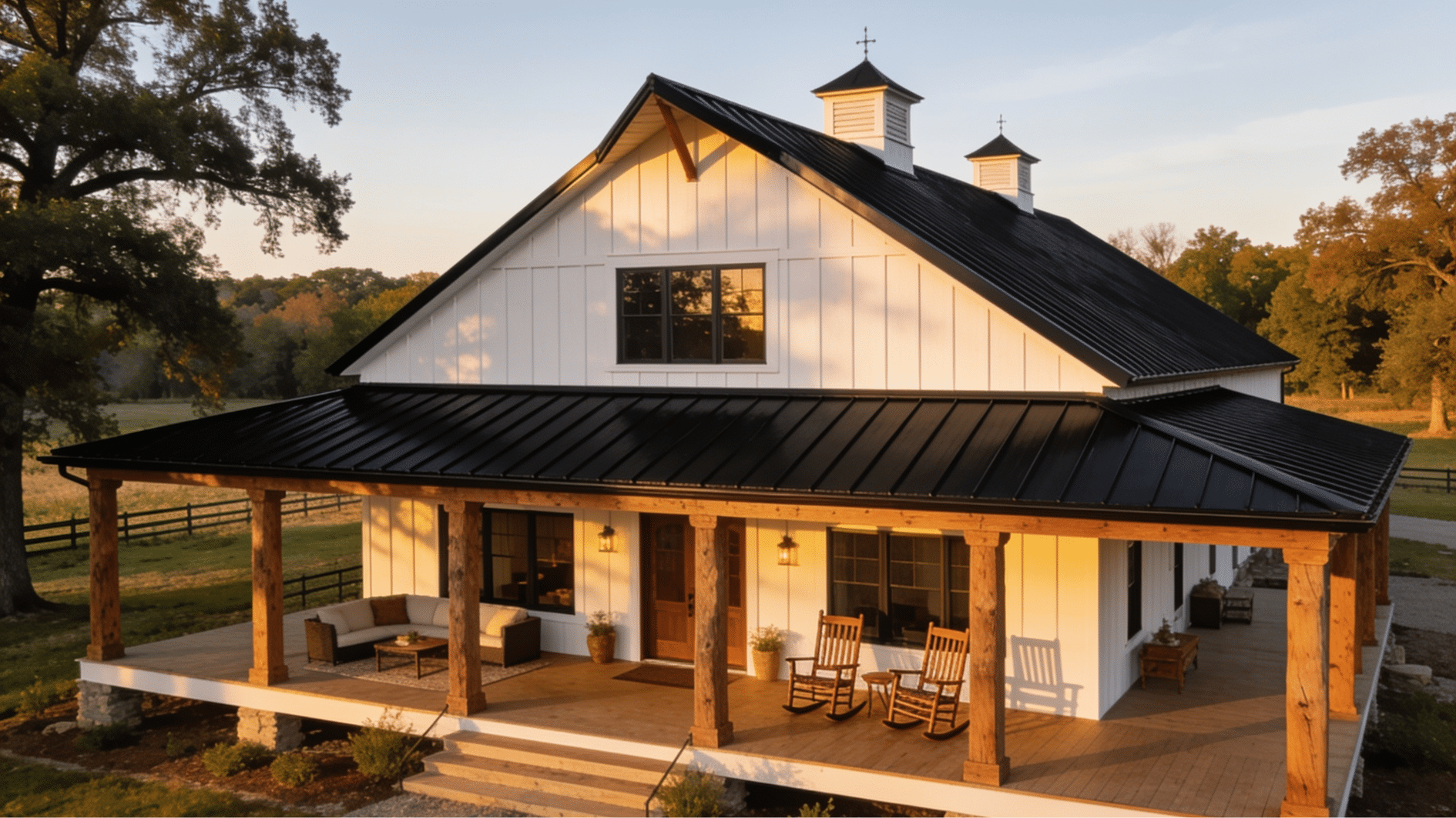 barndominium with wraparound porch farmhouse details and scenic countryside setting
