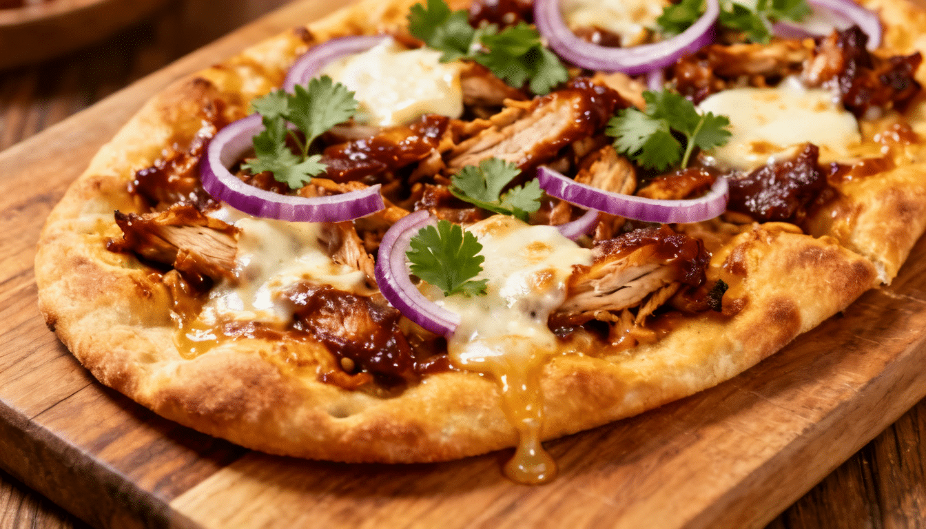 bbq chicken flatbread pizza topped with smoky barbecue chicken, melted mozzarella, red onion slices, and fresh cilantro on a crispy crust