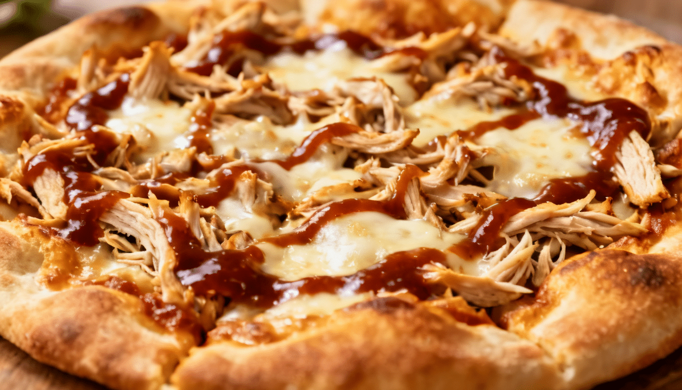 bbq chicken flatbread topped with melted mozzarella cheese, shredded chicken, and barbecue sauce drizzle on crusty bread