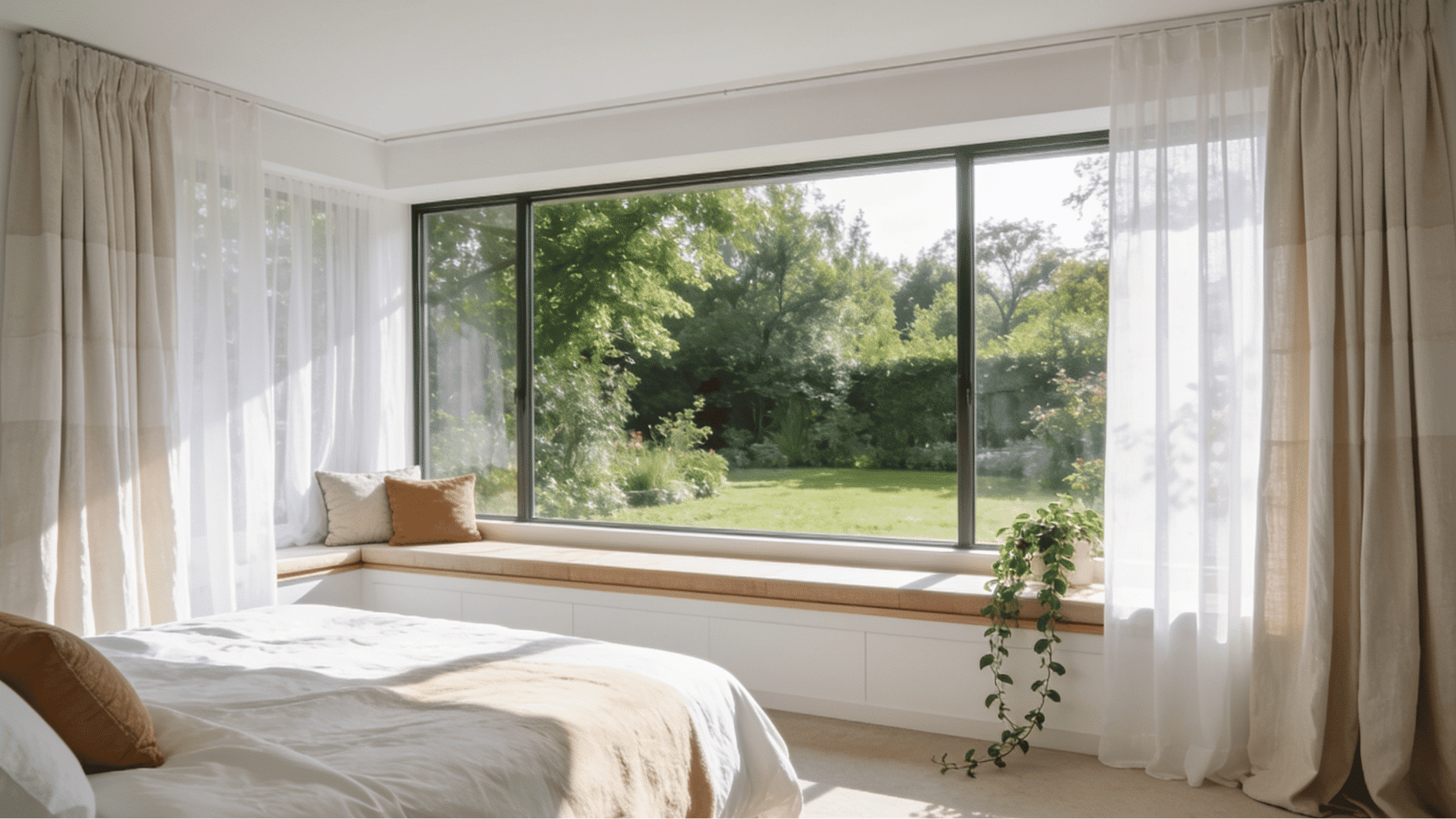 bed facing large floor to ceiling window with garden view sheer curtains and natural morning light