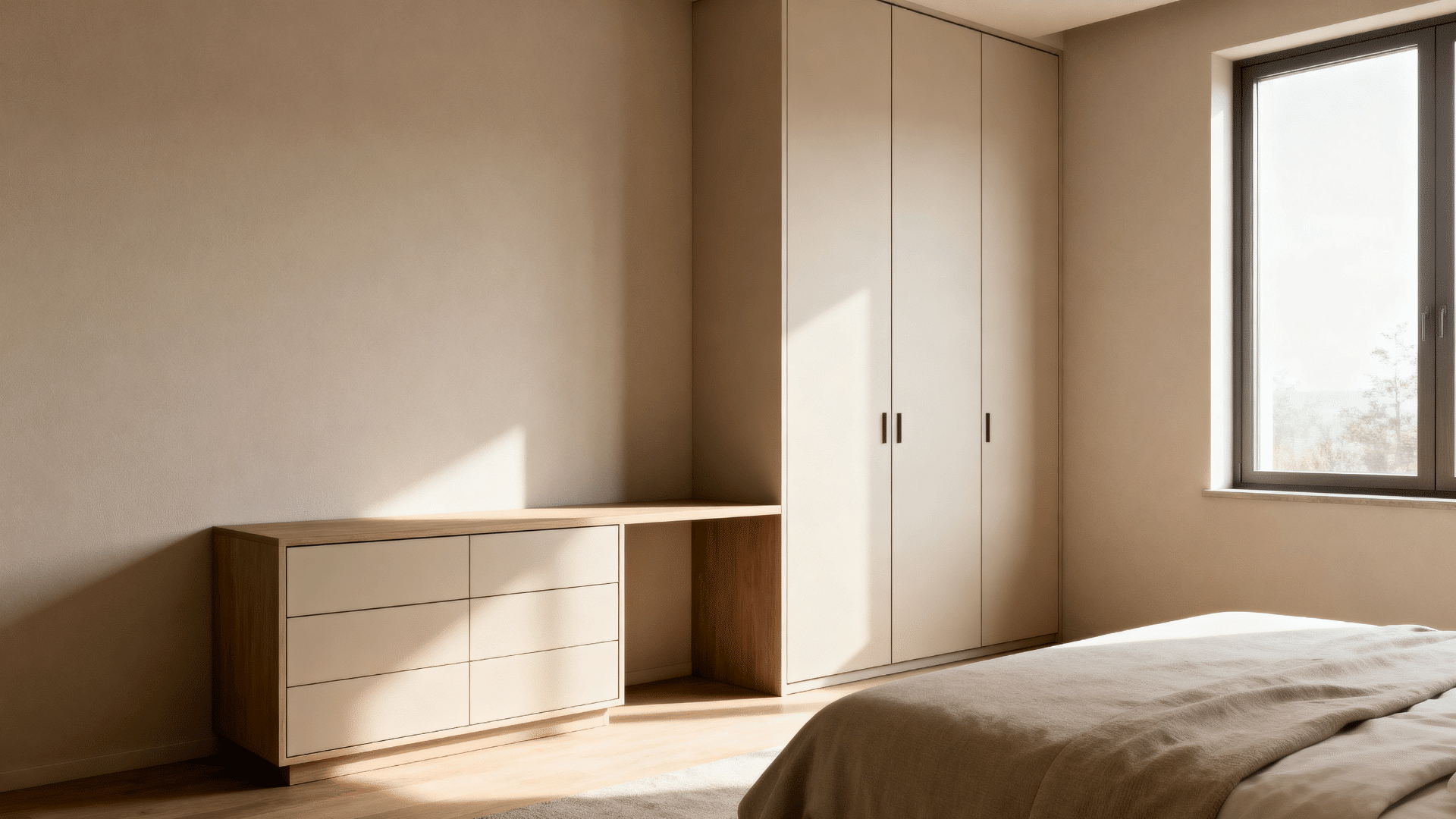 bedroom with a low dresser and closed wardrobe