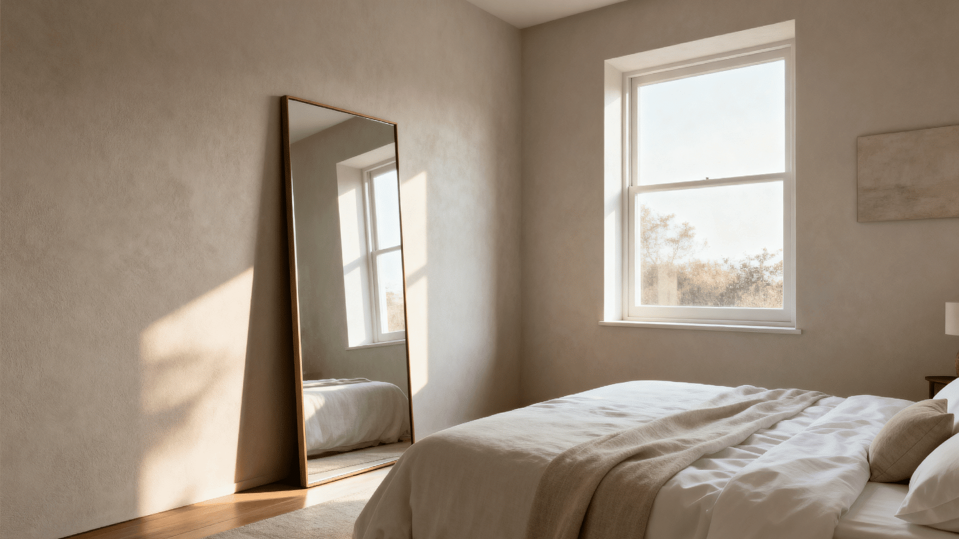 bedroom with a side mirror reflecting light away from bed