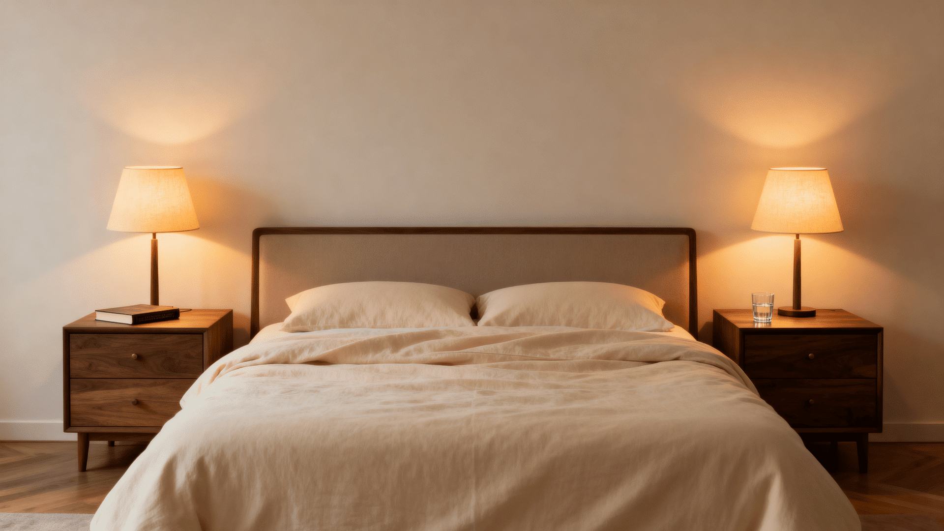 bedroom with balanced nightstands and warm lamps
