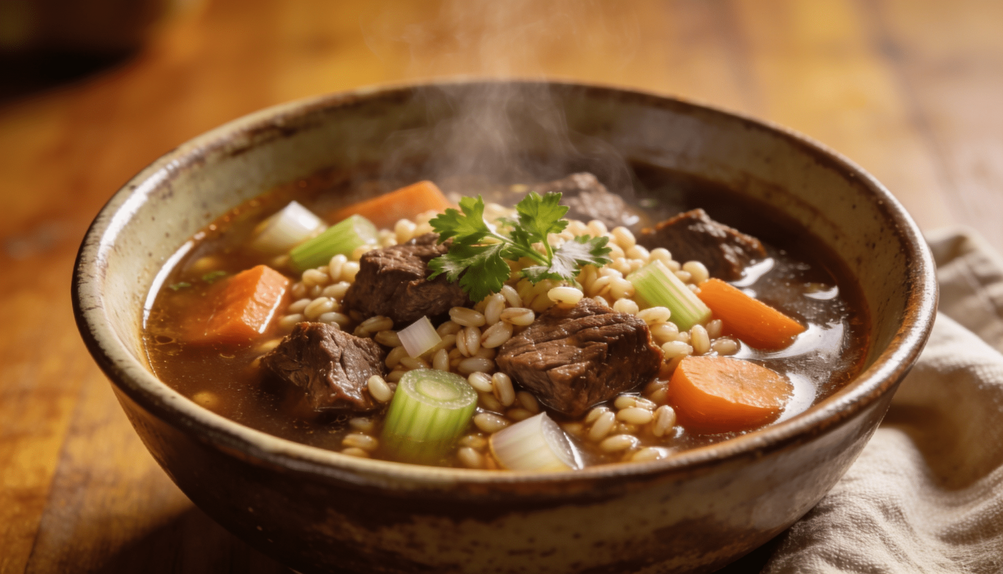 beef and barley soup with tender beef chunks, barley, carrots, celery, and herbs in a steaming rustic bowl
