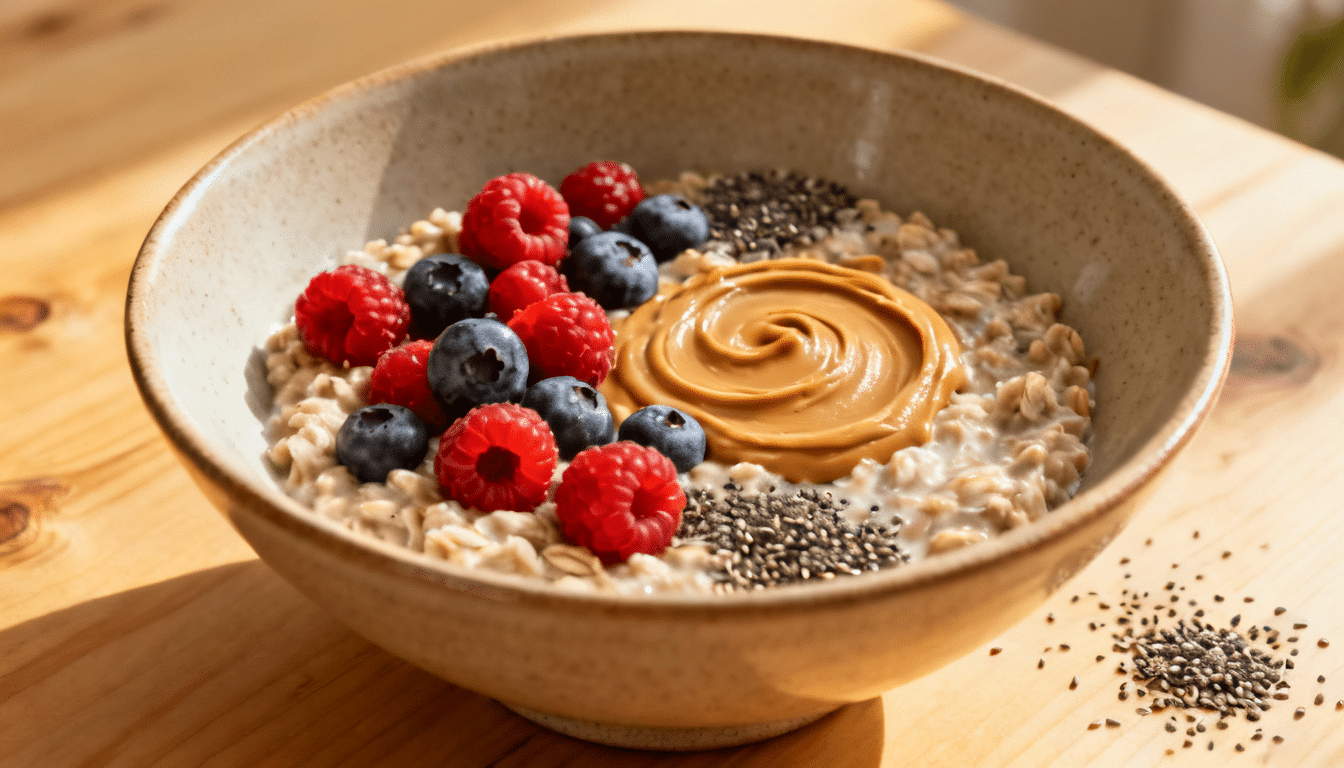 berry almond overnight oats topped with raspberries blueberries chia seeds and creamy almond butter in a bowl