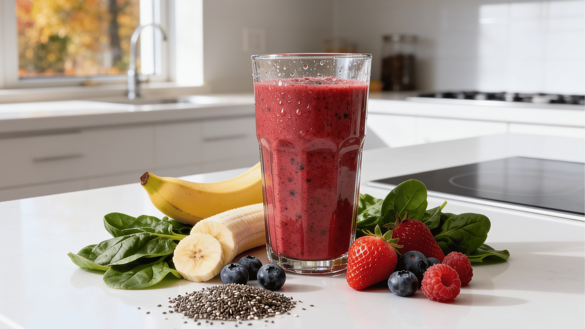 berry protein smoothie with banana, spinach, chia seeds, and fresh berries nearby
