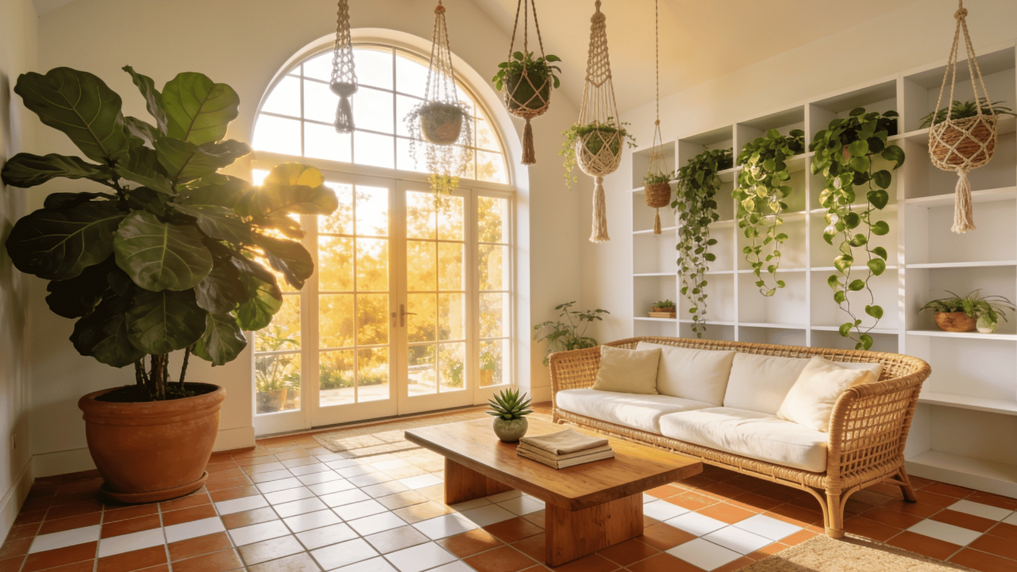biophilic living room with fiddle leaf fig trailing pothos hanging planters and terracotta pots in natural light
