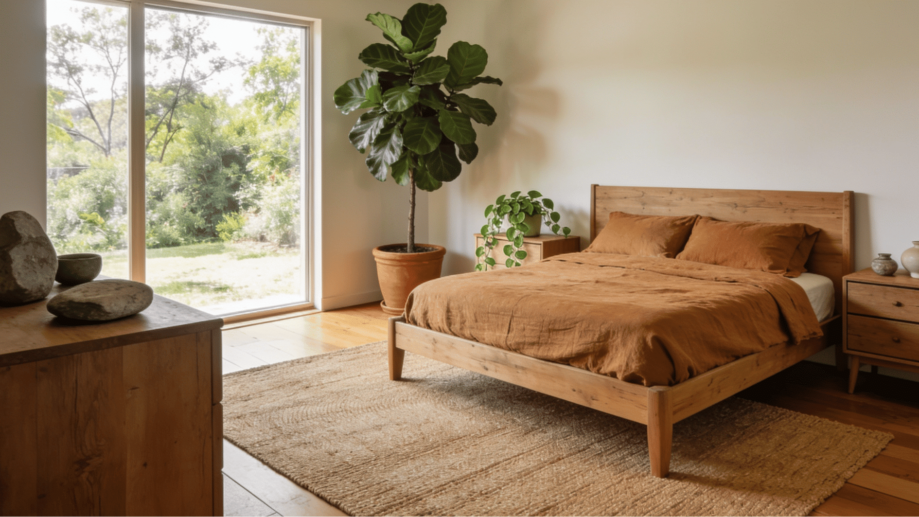 biophilic master bedroom with fiddle leaf fig jute rug wood bed frame linen bedding and outdoor greenery view