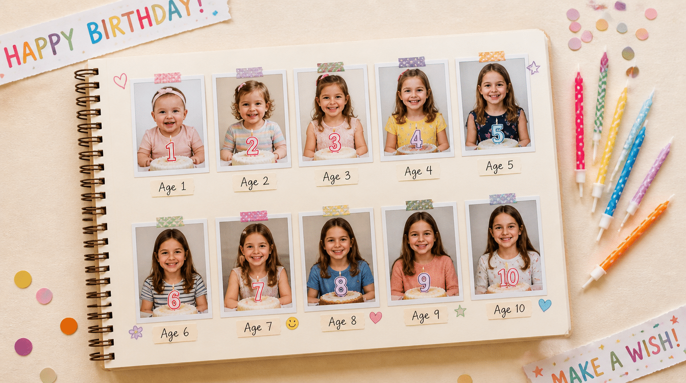 birthday scrapbook page showing yearly milestone photos from age one to ten with candles, confetti, and decorations around album page