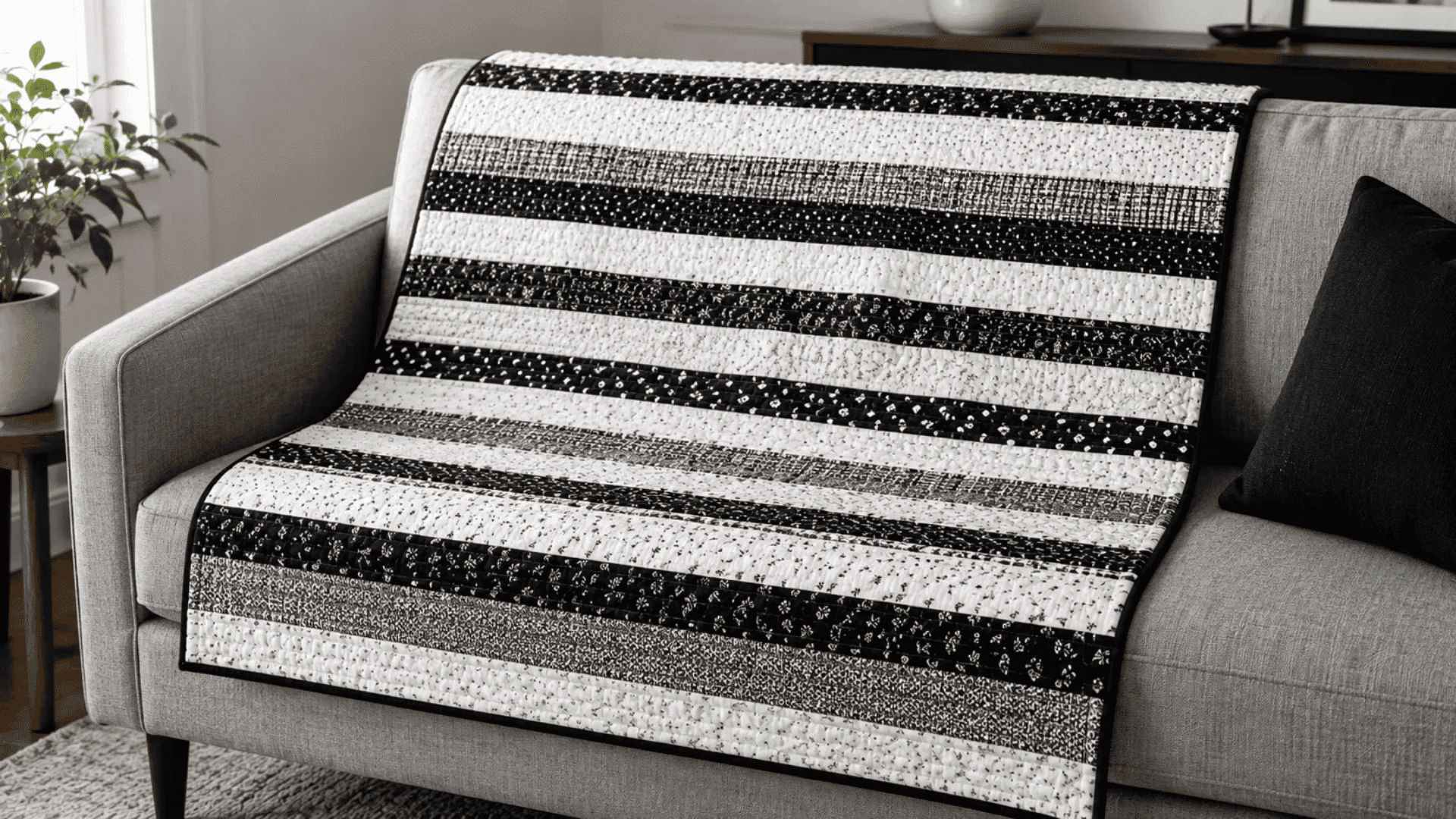 black and white high-contrast jelly roll race quilt draped over a modern gray sofa