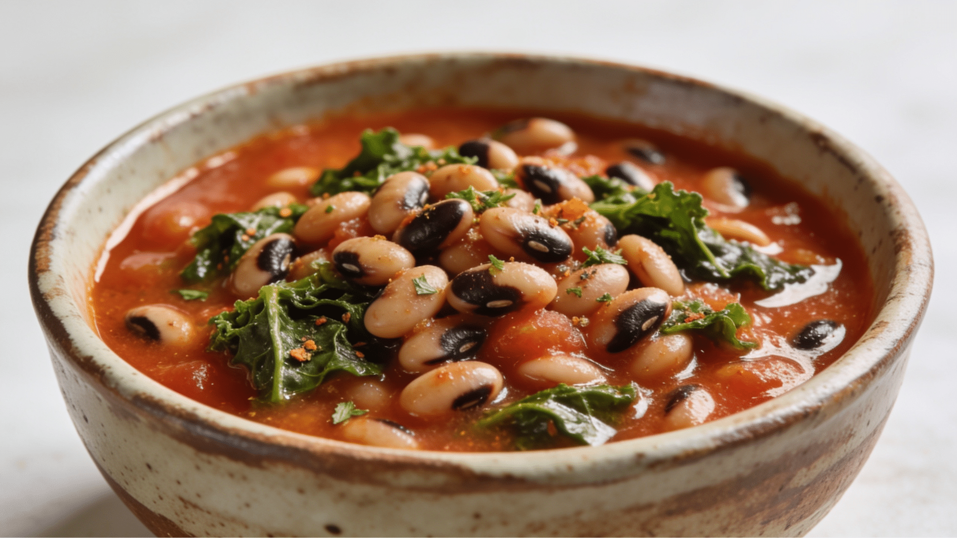 black eyed peas and kale stew with tomatoes herbs and hearty vegetables served in a rustic bowl