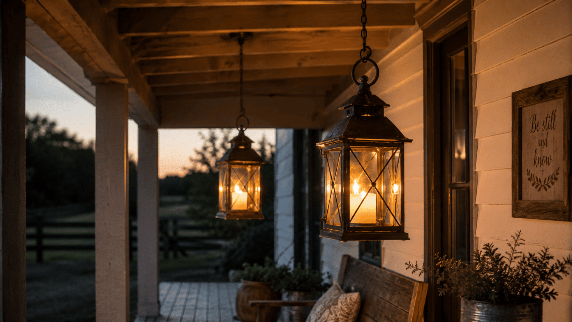black frame metal lanterns hanging from porch with yellow light in an outdoor setting with visible dusk tint