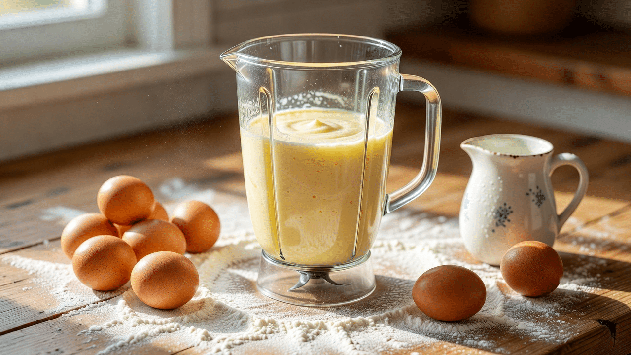 blended dutch baby batter in glass pitcher with eggs milk and flour on table