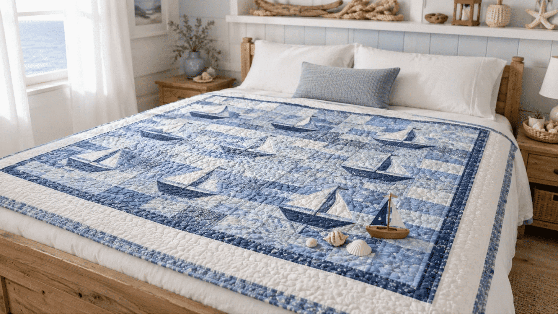 blue and white sailboat baby quilt on coastal bed with seashells and wooden toy boat