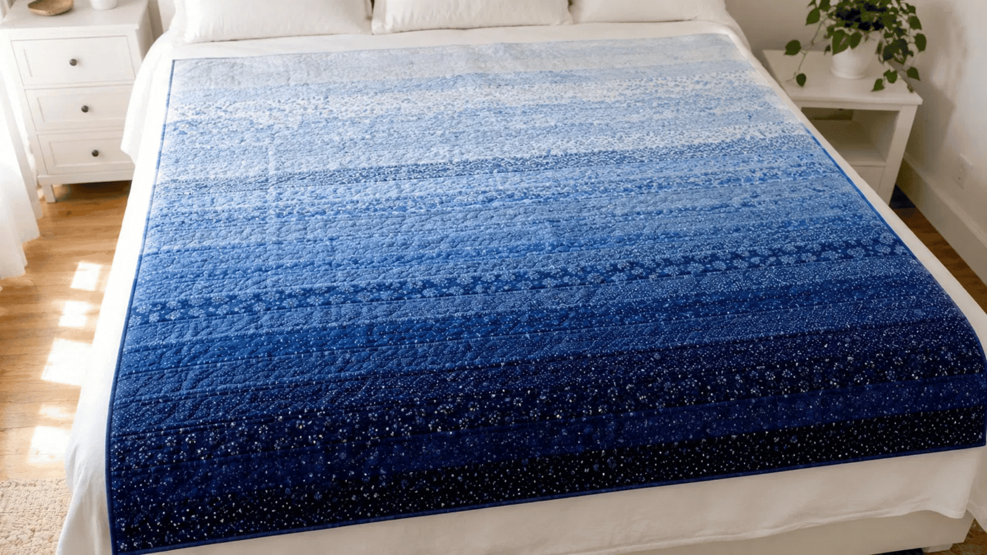 blue ombre jelly roll race quilt on a bed fading from light sky blue to deep navy
