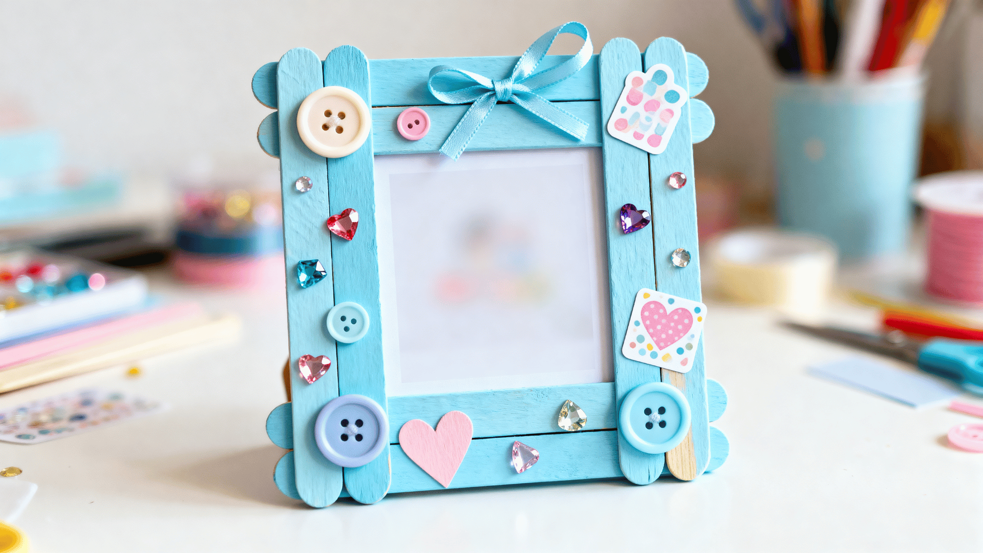 blue popsicle stick photo frame with buttons gems and ribbon on a craft table