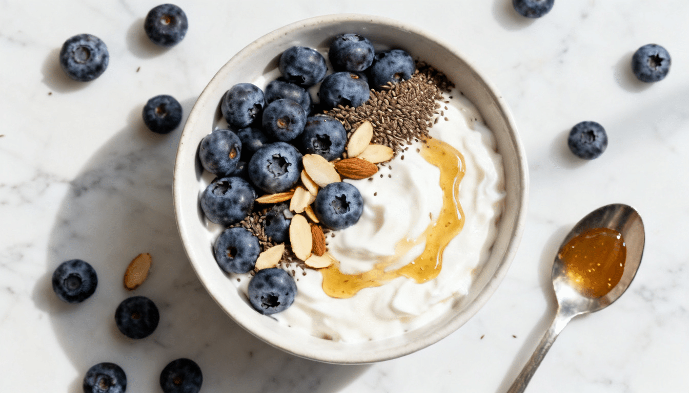 blueberry flax yogurt bowl topped with fresh blueberries sliced almonds flaxseed and honey in a white bowl on marble surface