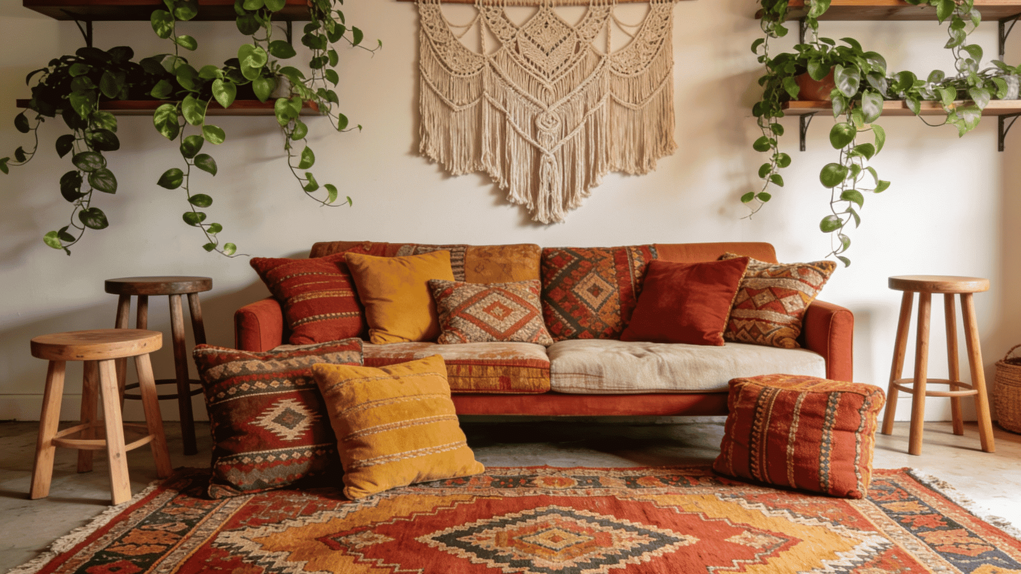 boho living room with kilim rug macrame wall hanging mismatched cushions and trailing plants in warm tones