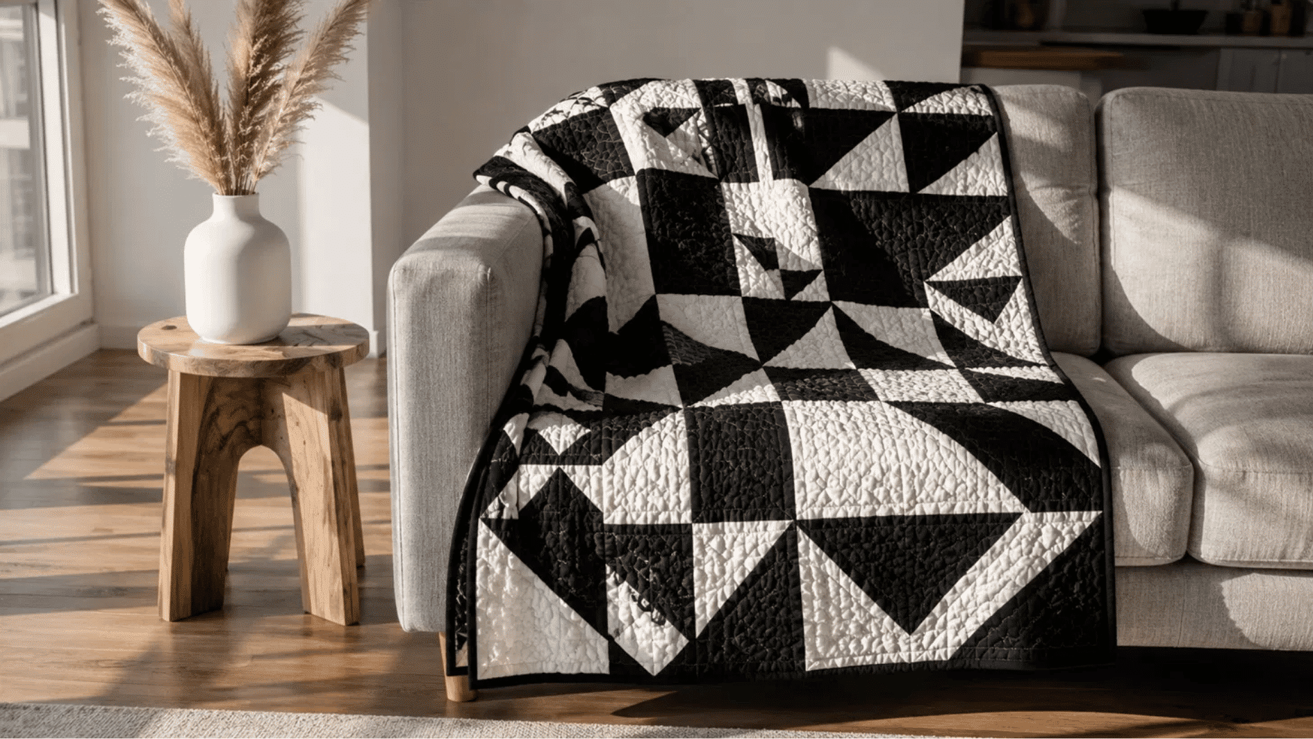 bold black and white geometric baby quilt draped over grey sofa with pampas grass vase
