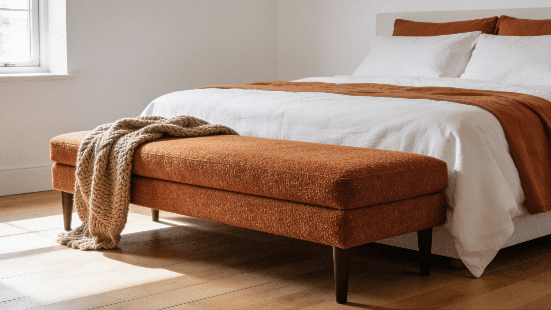 boucle upholstered bench at foot of king bed in master bedroom with oak flooring and neutral bedding