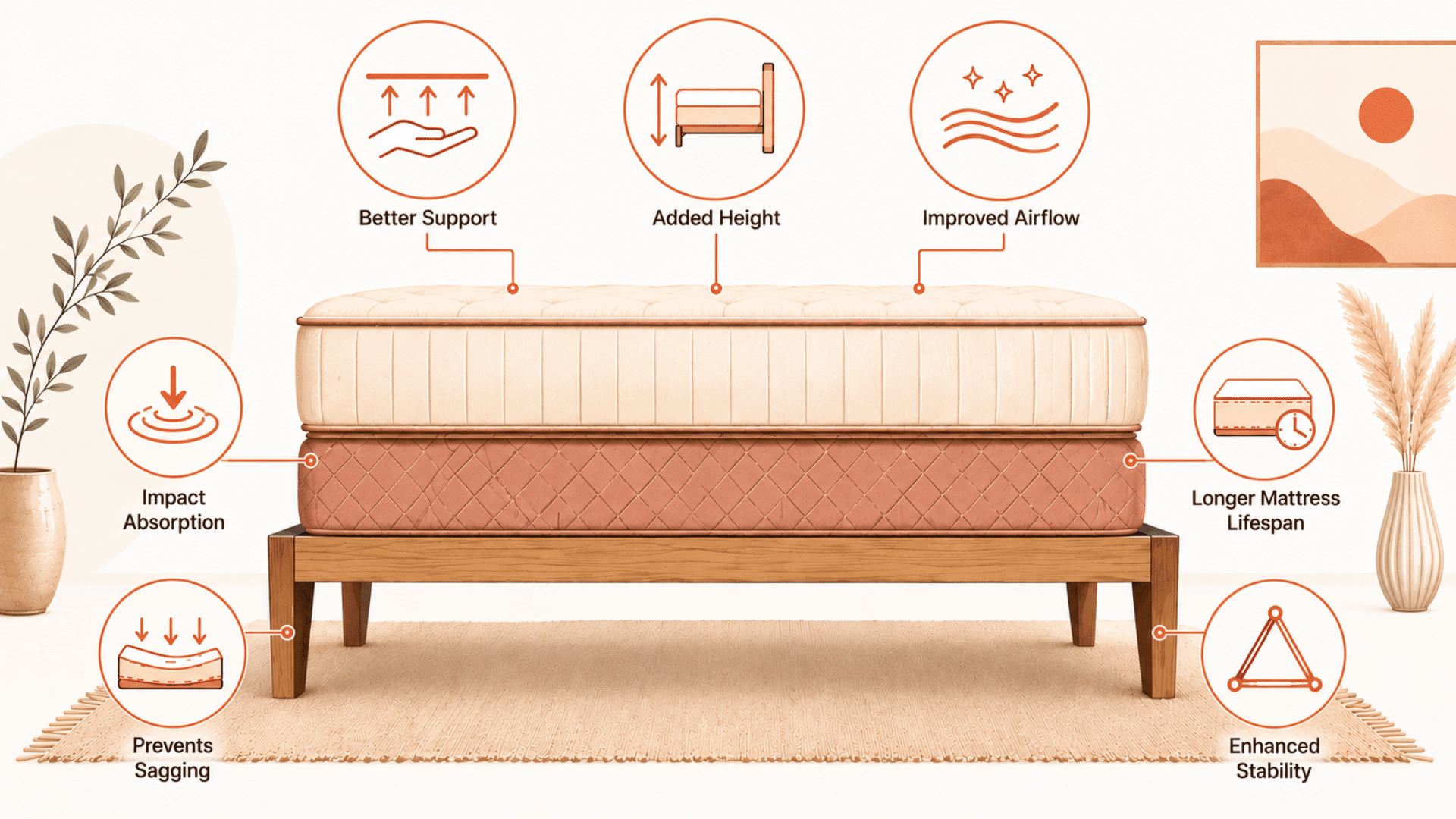 box spring bed showing 7 benefits including support, airflow, stability, and sagging prevention