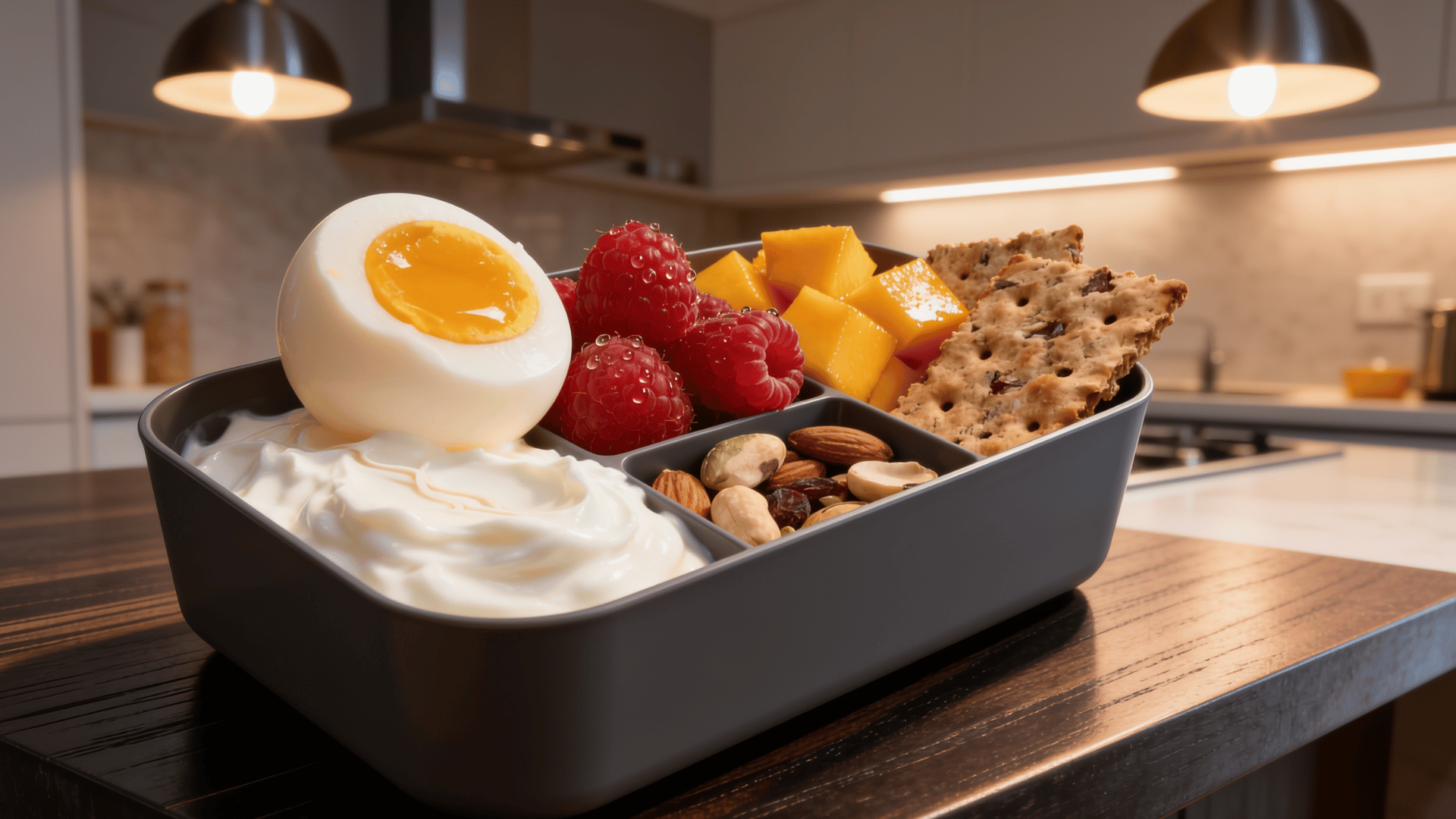 breakfast bento box with boiled eggs, yogurt, fruit, crackers, and nuts