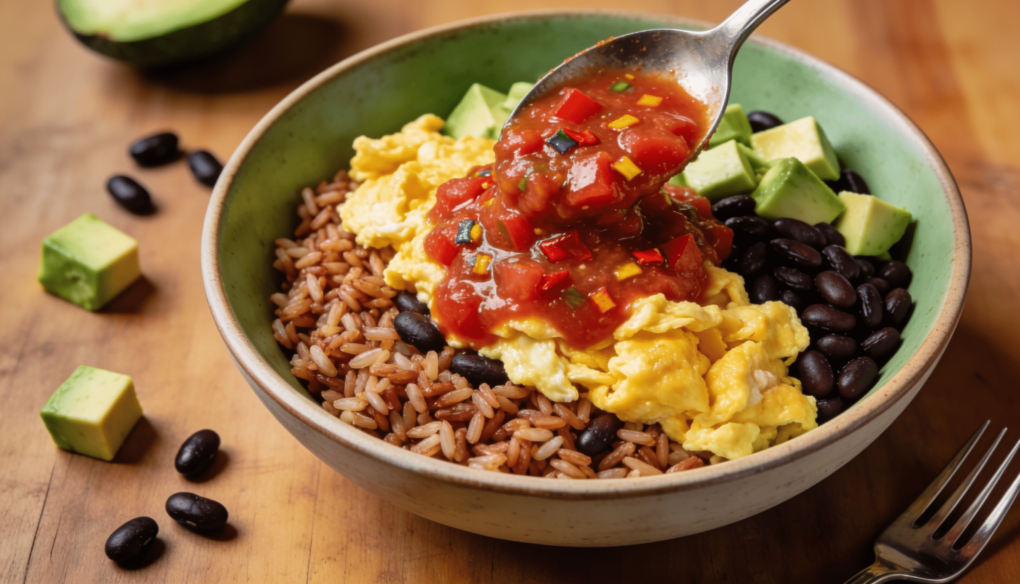 breakfast burrito bowl with brown rice scrambled eggs black beans avocado and salsa in a ceramic bowl on wooden table