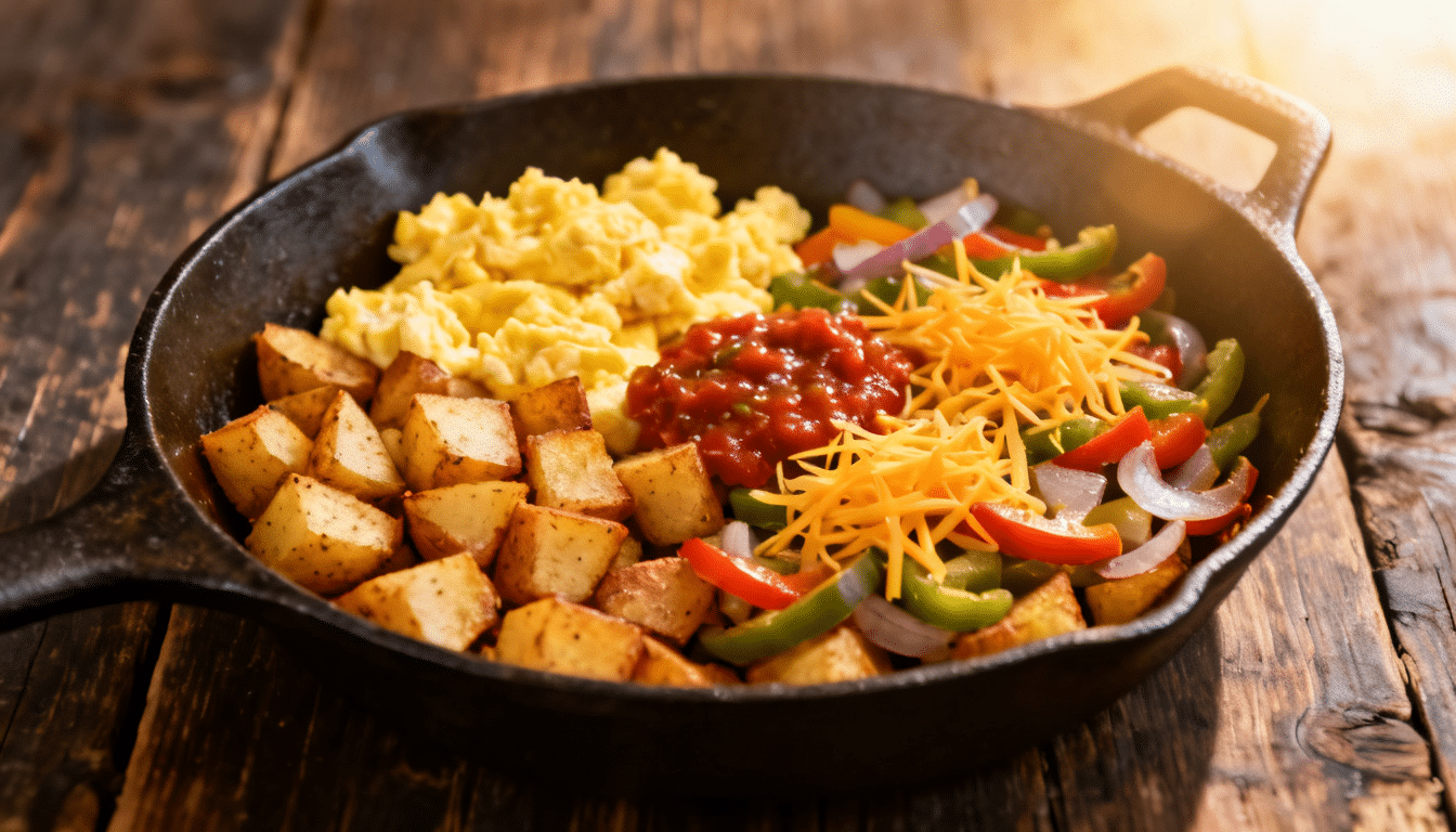 breakfast burrito skillet with scrambled eggs, crispy breakfast potatoes, sautéed peppers and onions, shredded cheddar cheese, and fresh salsa in a cast iron skillet