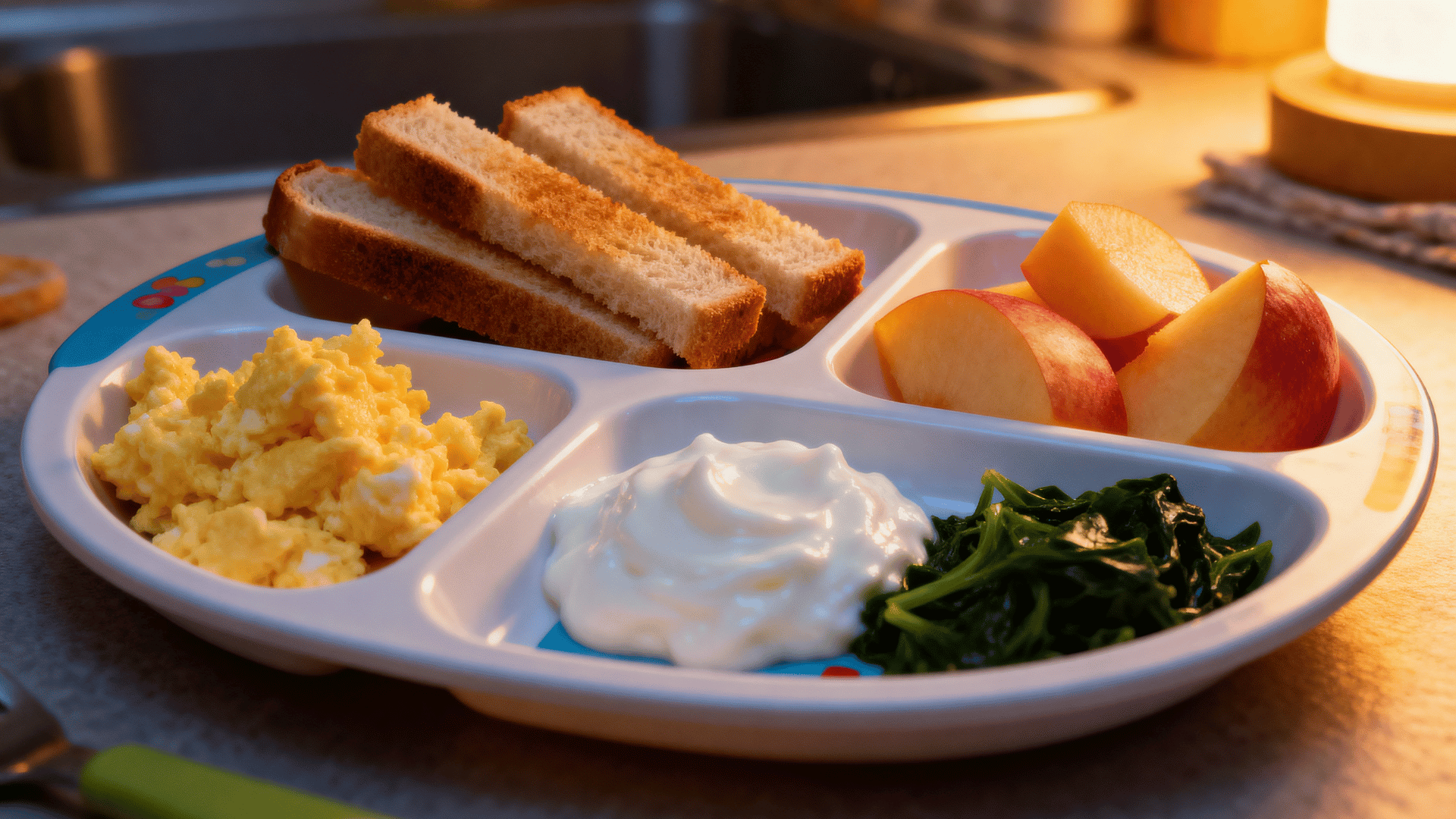 breakfast for dinner plate with egg toast yogurt fruit and spinach